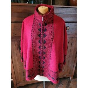 Katie Todd women’s size L/XL red cape Nordic Poncho 100% wool Aztec print Flaw
